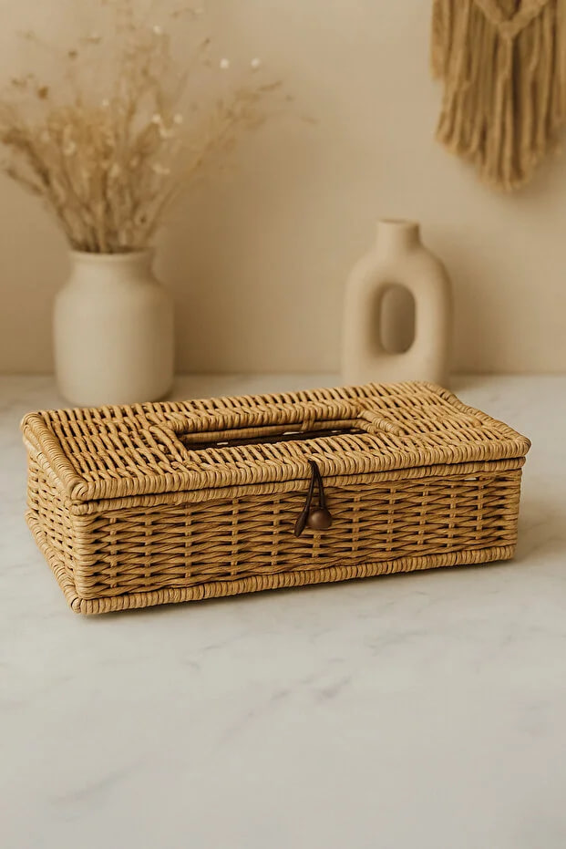 Kitchen Life Rattan Z Napkin Holder Organizer Rectangular Wicker Napkin Holder with Lid